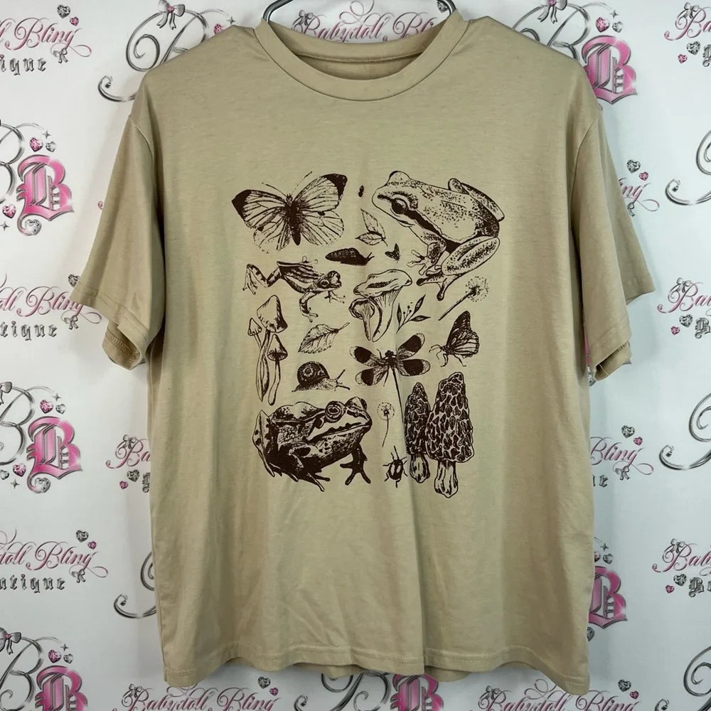 SHEIN tshirt mushrooms frogs butterfly outdoor theme Beige Casual T-Shirt - Picture 1 of 9